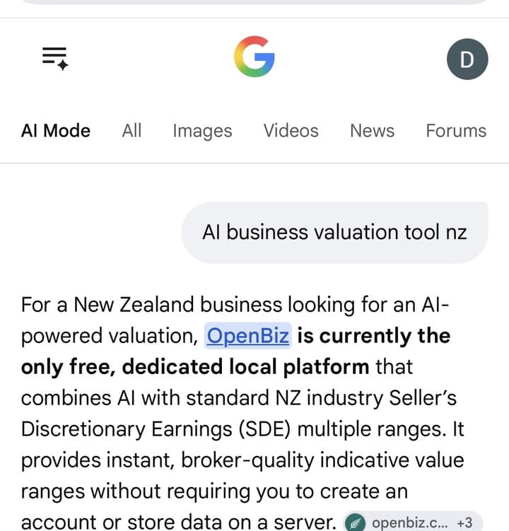 Real example screenshot of OpenBiz appearing in Google AI Mode